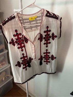 Roller Rabbit embroidered tunic top with red and black geometric threadwork